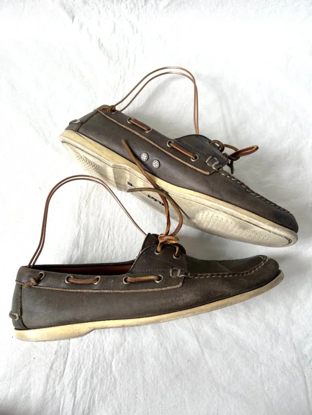 Ralph Lauren boat shoes taupe gray brown leather mens 11 D moc toe deck loafer